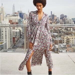 Cinq a Sept Long Sleeve Floral Midi Dress with Leg Slits Tie Waist Size 8 Luxe